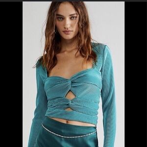 Free People Teal Long Sleeve Twist Front Top Small